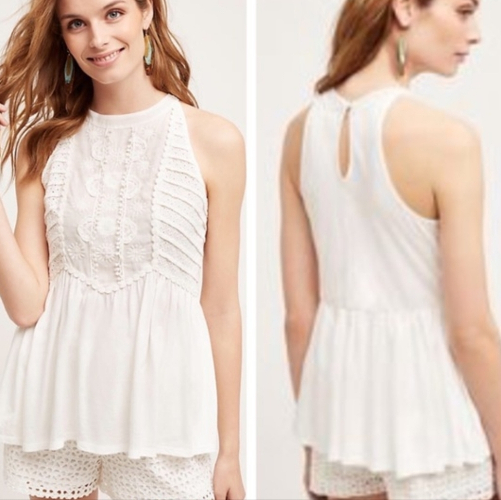 Anthropology Meadow Rue Eva Elegant White Eyelet Detail Back Keyhole Halter Top